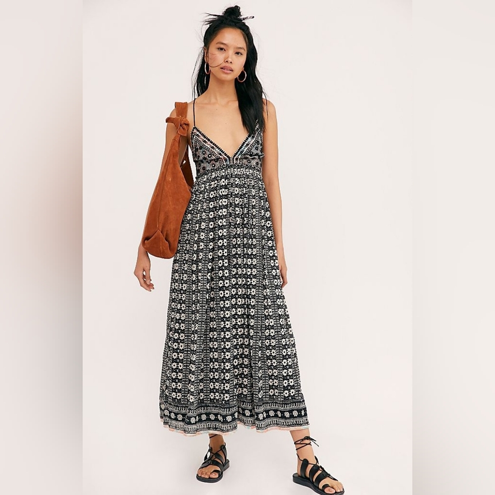 Free People Good Vibes Embroidered Cotton Long Maxi DRESS One Size - Picture 14 of 14